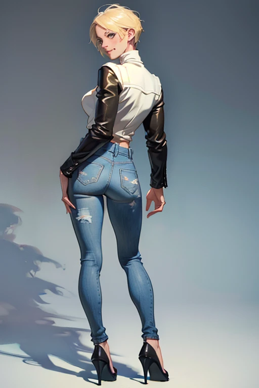 Illustration by mad dog., back looking at camera, raven, super busty, 8k, hyper realistic, revealing strappy bodysuit, surreal american anime, digital coloring, high heels, beautiful young female model, short hair with side bangs covering under eyes, , tight dark top + tight shorts, long tops, highly detailed, best quality, full body portrait, intricate details, art, depth of field , larger breasts, sexy, permissive, 1 person, decorations, light skin, glamour, cyberpunk, 8k ultra hd, off the shoulder, leather jacket, symmetrical, nightlife.