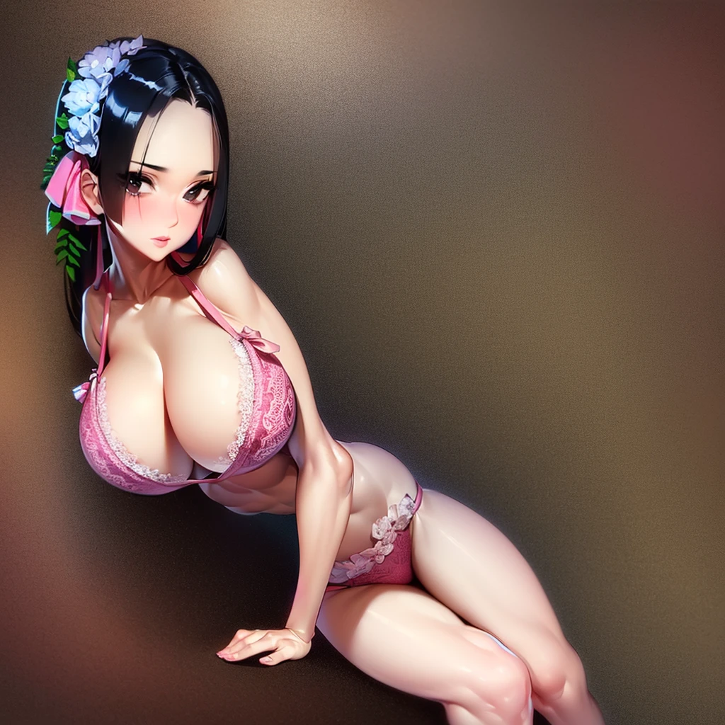 (Highest quality). (Super detailed). (One girl), View the viewer. (Detailed Background). Beautiful and fine details. Delicate and beautiful face. (High saturation), Big breasted, Saggy breasts, Black Hair, (((Pink bra with straps))), (((Long legs))), (((Huge breasts))),