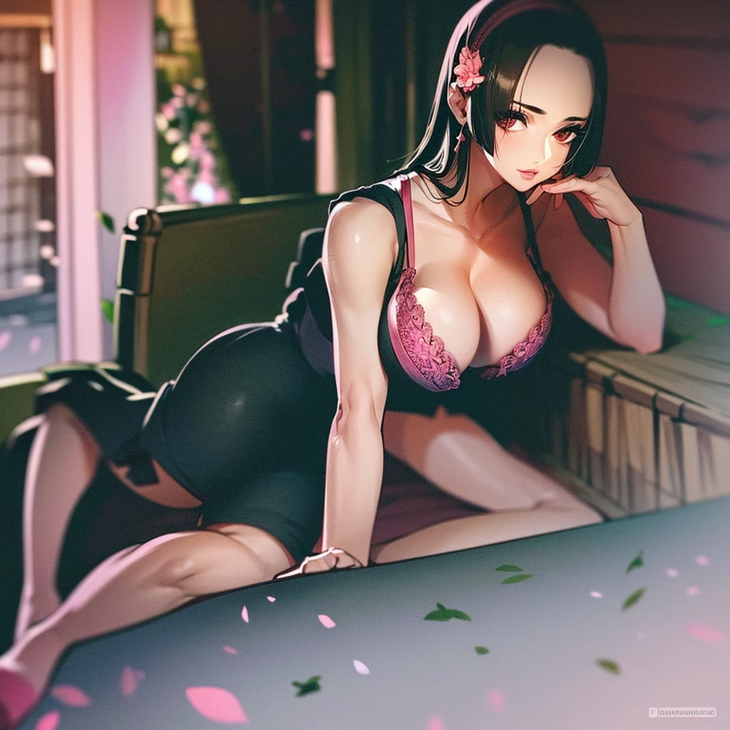 (Highest quality). (Super detailed). (One girl), View the viewer. (Detailed Background). Beautiful and fine details. Delicate and beautiful face. (High saturation), Big breasted, Saggy breasts, Black Hair, (((Pink bra with straps))), (((Long legs))), (((Huge breasts))),