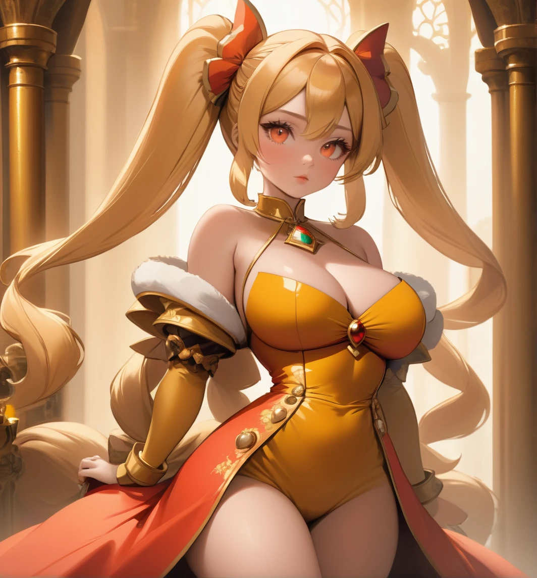 (masterpiece:1.2, best quality), realistic, (real picture, intricate details, depth of field), (1girl, solo), make up, parted lips, highly-detailed, perfect face,(huge breasts:1.8), (extravagant dress), thick thighs, wide hips, attractive waist, tall, glossy coral lips,(twintails honey blond hairs:1.2), (beautiful light orange eyes), sexy, blushing, Massive Cleavage, Disproportional , hanging breasts, Queen, Crown, castle, throne