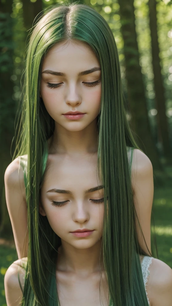 a girl.  face sent feeling.  Europe.  Oval face.  long face.  delicate facial features.  eyes closed sadly.  seductively seductive.  green eyes.  long straight hair.  green hair.  slightly sad expression.  outdoor