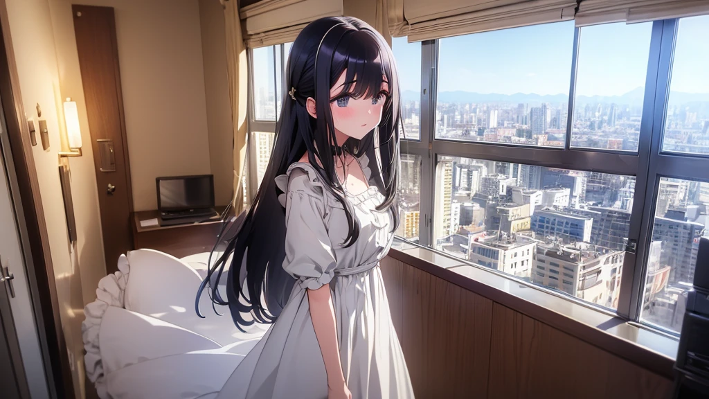 Ultra-high resolution, 8k, (Masterpiece, beautifully、mysterious:1.2), Works by Makoto Xin Haicheng, Lo-fi feel, Perfect human body engineering, 1 female, 光りSparkling Eyes, Sparkling Eyes, White ruffled dress, Shiny long black hair, Larger than average bust, Listening to music through headphones, Looking out the window, A room with musical instruments, city view from the window, Impressive cityscape, Bright Sky, meteor, Wide angle, Before dusk