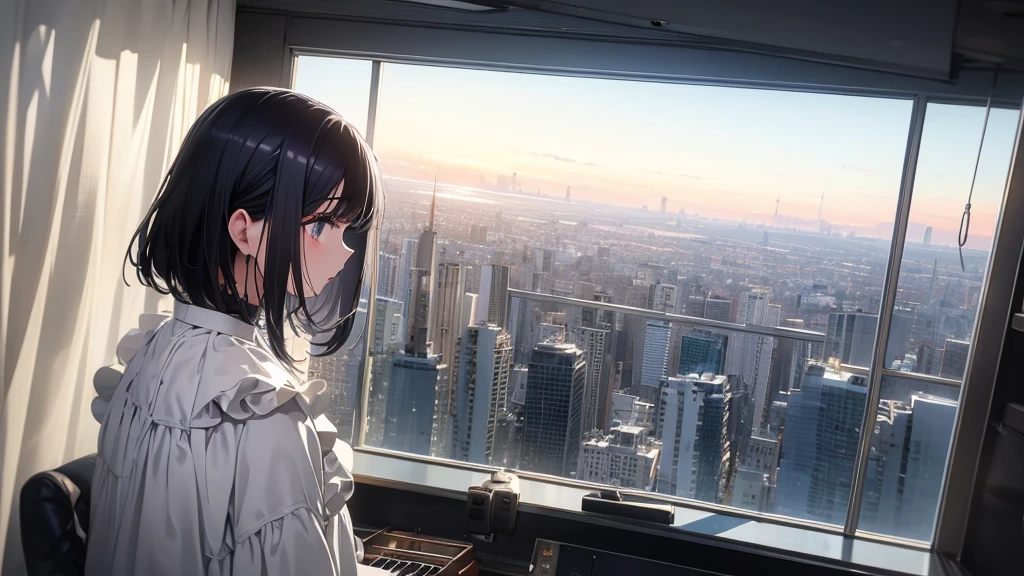 Ultra-high resolution, 8k, (Masterpiece, beautifully、mysterious:1.2), Works by Makoto Xin Haicheng, Lo-fi feel, Perfect human body engineering, 1 female, 光りSparkling Eyes, Sparkling Eyes, White ruffled dress, Shiny long black hair, Larger than average bust, Listening to music through headphones, Looking out the window, A room with musical instruments, city view from the window, Impressive cityscape, Bright Sky, meteor, Wide angle, Before dusk