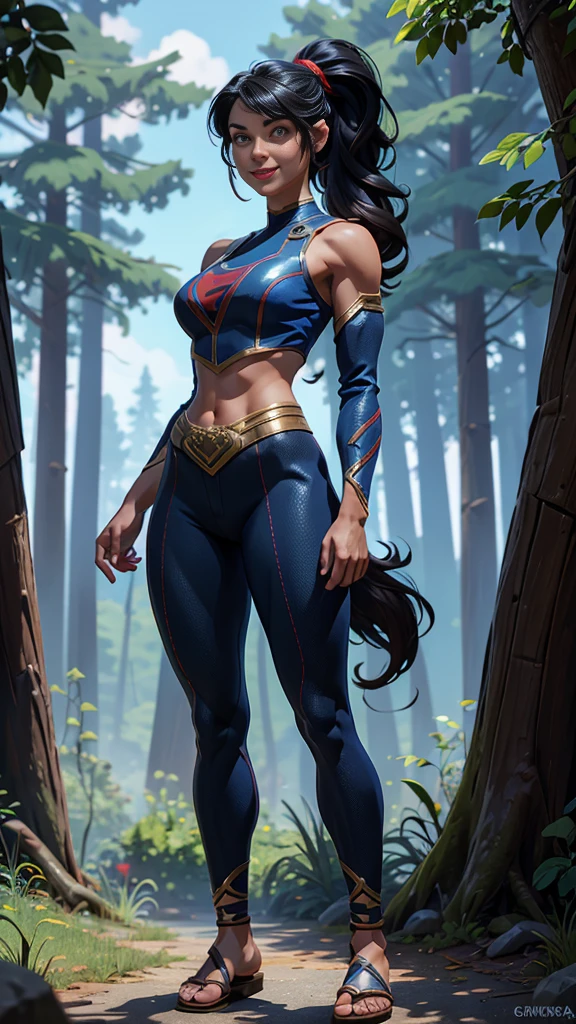 Solo, female, slightly muscular, slightmuscle, big blue eyes, fantasy outfit, forest, pants, cropped jacket, modest clothingBlack hair, Black curly long hair in a ponytail, light eyes, tall and Toned woman, Red and blue outfit Barbarian woman, full body, aesthetic, beautiful woman,fantasy clothing, (masterpiece, best quality:1.2), solo, 1girl, smile, looking at viewer, ponytail, sandals, bare arms, no sleeves