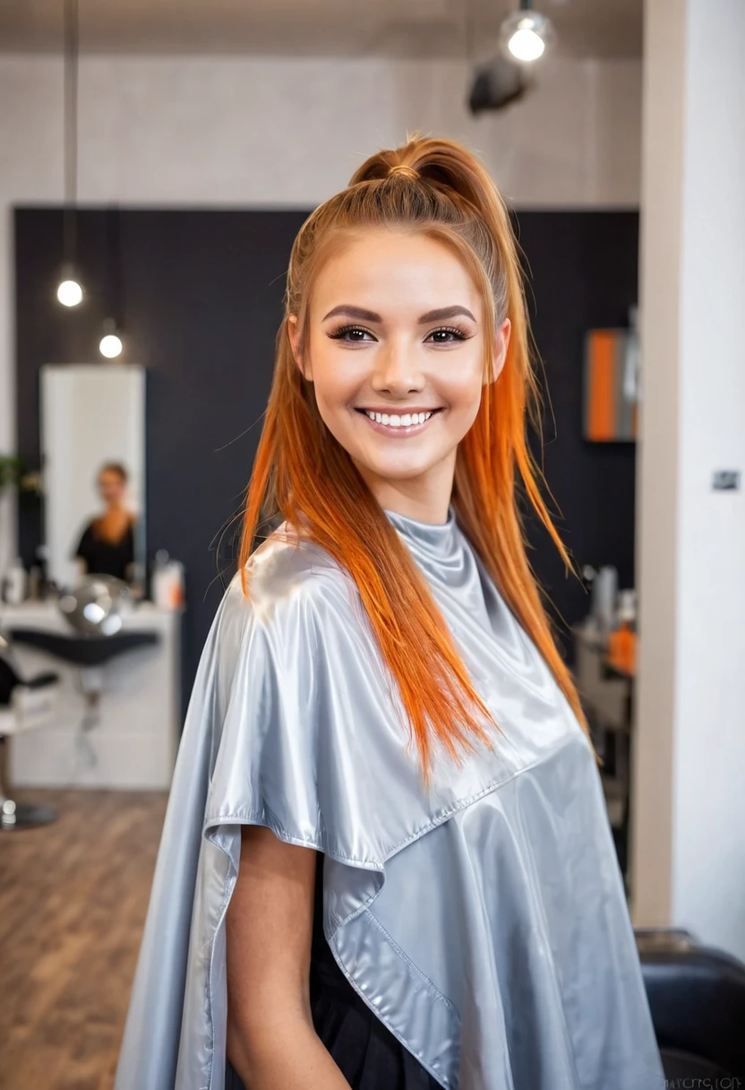 Photo, Beautiful young woman, long hair, ponytail, mixed brown and orange hair, silver salon cape, smiling, hairdresser in background, modern hair salon, well-lit, professional environment, relaxed atmosphere, cheerful moment, photorealistic, high-resolution (rim light, depth of field)