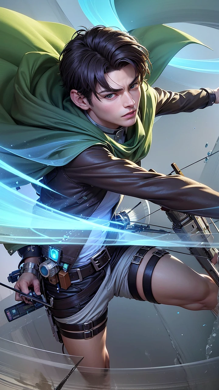 masculine male, masterpiece, ((perfect eyes)) best quality, (semirealism:1.9), beautiful lighting, (extremely detailed CG unity 4k fhd wallpaper), High Detail, Sharp focus, dramatic outdoors, 1 boy ,19 years old, white hair, light purpel eyes, smile. Attack on titan logo on sleeve