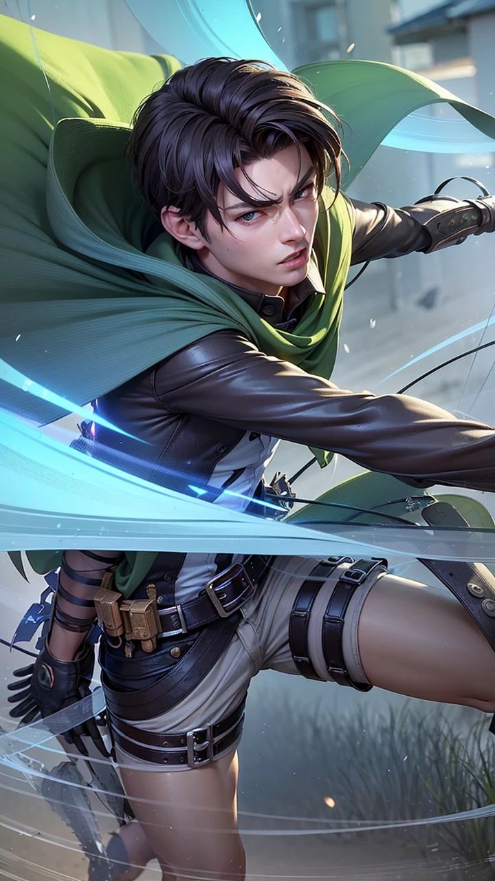 masculine male, masterpiece, ((perfect eyes)) best quality, (semirealism:1.9), beautiful lighting, (extremely detailed CG unity 4k fhd wallpaper), High Detail, Sharp focus, dramatic outdoors, 1 boy ,19 years old, white hair, light purpel eyes, smile. Attack on titan logo on sleeve