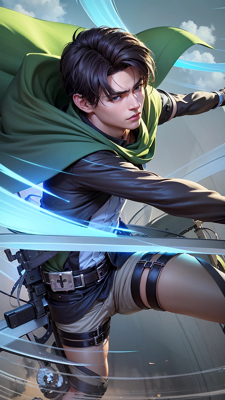 masculine male, masterpiece, ((perfect eyes)) best quality, (semirealism:1.9), beautiful lighting, (extremely detailed CG unity 4k fhd wallpaper), High Detail, Sharp focus, dramatic outdoors, 1 boy ,19 years old, white hair, light purpel eyes, smile. Attack on titan logo on sleeve