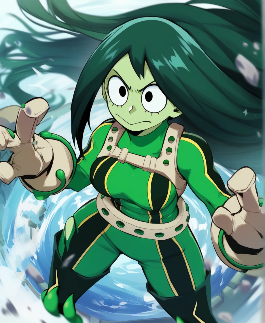 score_9_above, score_8_above, score_7_above, cowboy shot, 1 girl, asui tsuyu\(Boku no hero academia\), green fur, very long hair, Long hair tied low, tied hair, black eyes, Wide hips, medium breasts, smiling, (torn clothes), fountain_cheered up, cheered up style, (destroyer city), (angry)