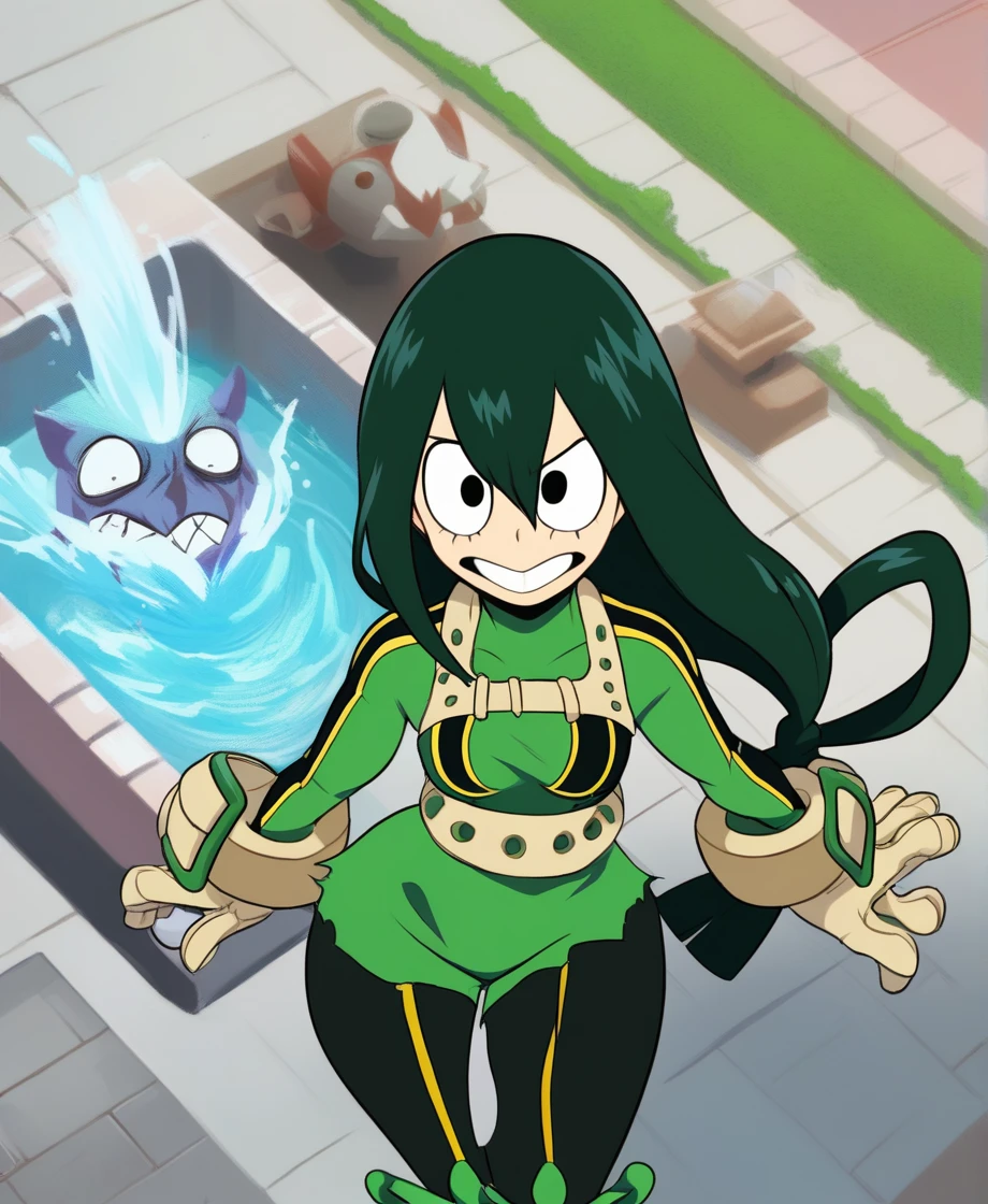 score_9_above, score_8_above, score_7_above, cowboy shot, 1 girl, asui tsuyu\(Boku no hero academia\), green fur, very long hair, Long hair tied low, tied hair, black eyes, Wide hips, medium breasts, smiling, (torn clothes), fountain_cheered up, cheered up style, (destroyer city), (angry)