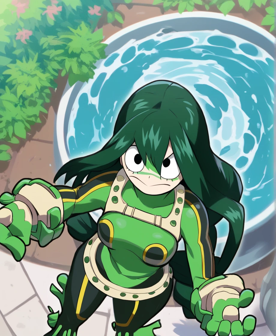 score_9_above, score_8_above, score_7_above, cowboy shot, 1 girl, asui tsuyu\(Boku no hero academia\), green fur, very long hair, Long hair tied low, tied hair, black eyes, Wide hips, medium breasts, smiling, (torn clothes), fountain_cheered up, cheered up style, (destroyer city), (angry)