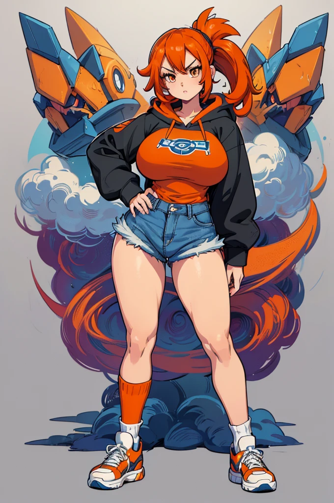 (masterpiece, best quality, high resolution, (pokemon style) ((huge breasts))1 girl, very short and messy orange hair, orange eyes, long-sleeved hoodie, denim shorts, long striped socks, sneakers, serious((white background,)), ((standing with the whole body)),
