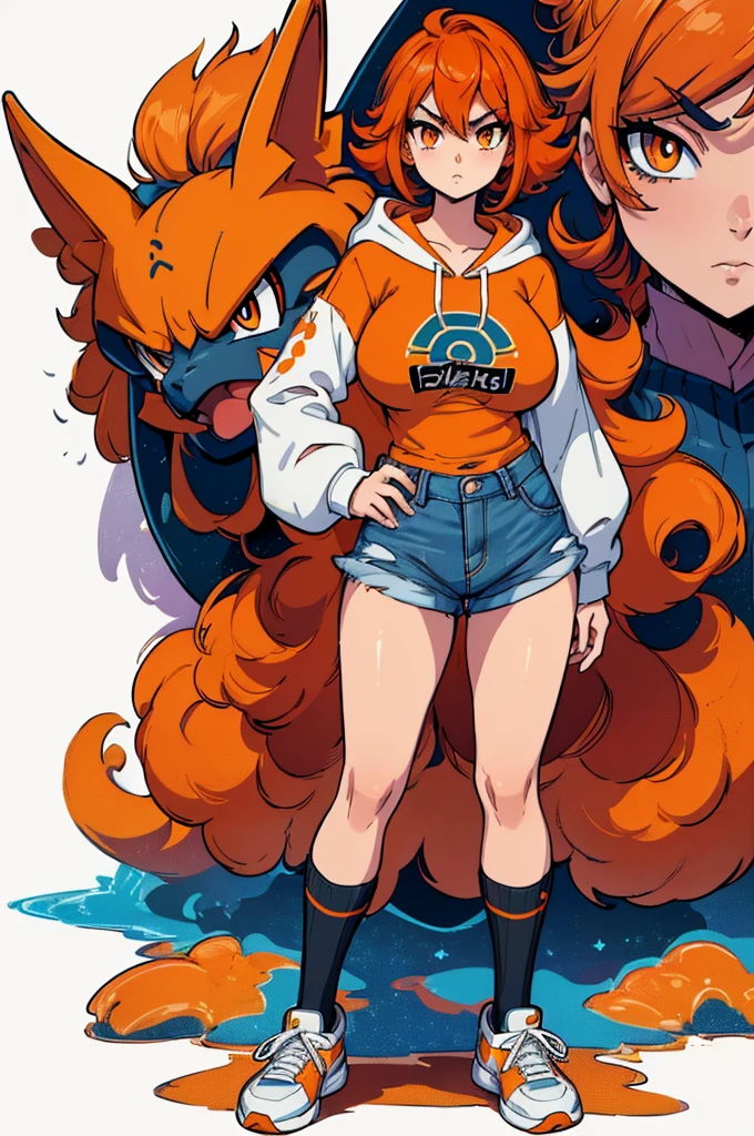 (masterpiece, best quality, high resolution, (pokemon style) ((huge breasts))1 girl, very short and messy orange hair, orange eyes, long-sleeved hoodie, denim shorts, long striped socks, sneakers, serious((white background,)), ((standing with the whole body)),
