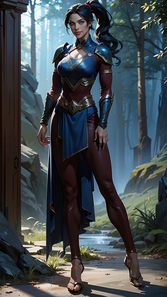 Solo, female, slightly muscular, slightmuscle, big blue eyes, fantasy outfit, forest, pants, cropped jacket, modest clothingBlack hair, Black curly long hair in a ponytail, light eyes, tall and Toned woman, Red and blue outfit Barbarian woman, full body, aesthetic, beautiful woman,fantasy clothing, (masterpiece, best quality:1.2), solo, 1girl, smile, looking at viewer, ponytail, sandals, bare arms, no sleeves