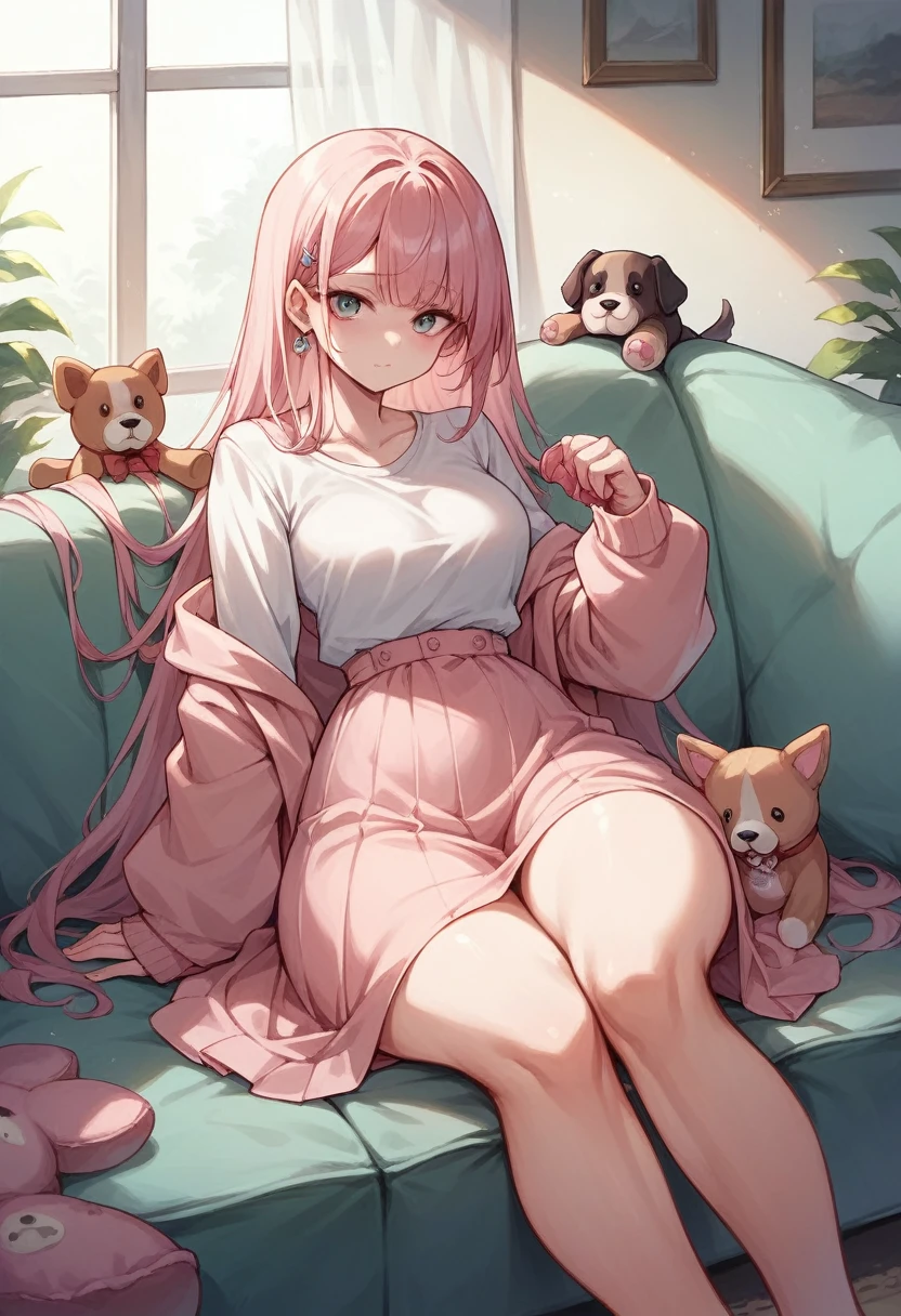 A long skirt of soft pink fabric with thick thighs,there are dog toys next door. We are sitting on a soft black sofa.
