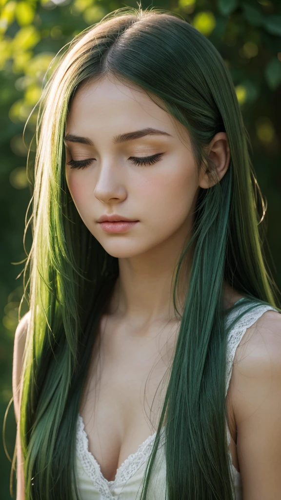 a girl.  face sent feeling.  Europe.  Oval face.  long face.  delicate facial features.  eyes closed sadly.  seductively seductive.  green eyes.  long straight hair.  green hair.  slightly sad expression.  outdoor