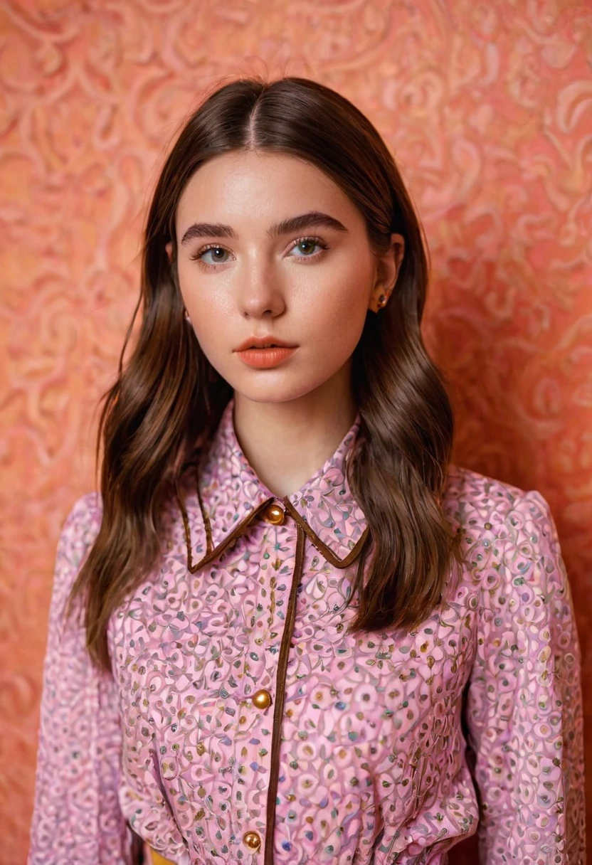 detailed portrait Photo of a beautiful 20yo woman who is an instgram influencer, detailed rich background by Wes Anderson
