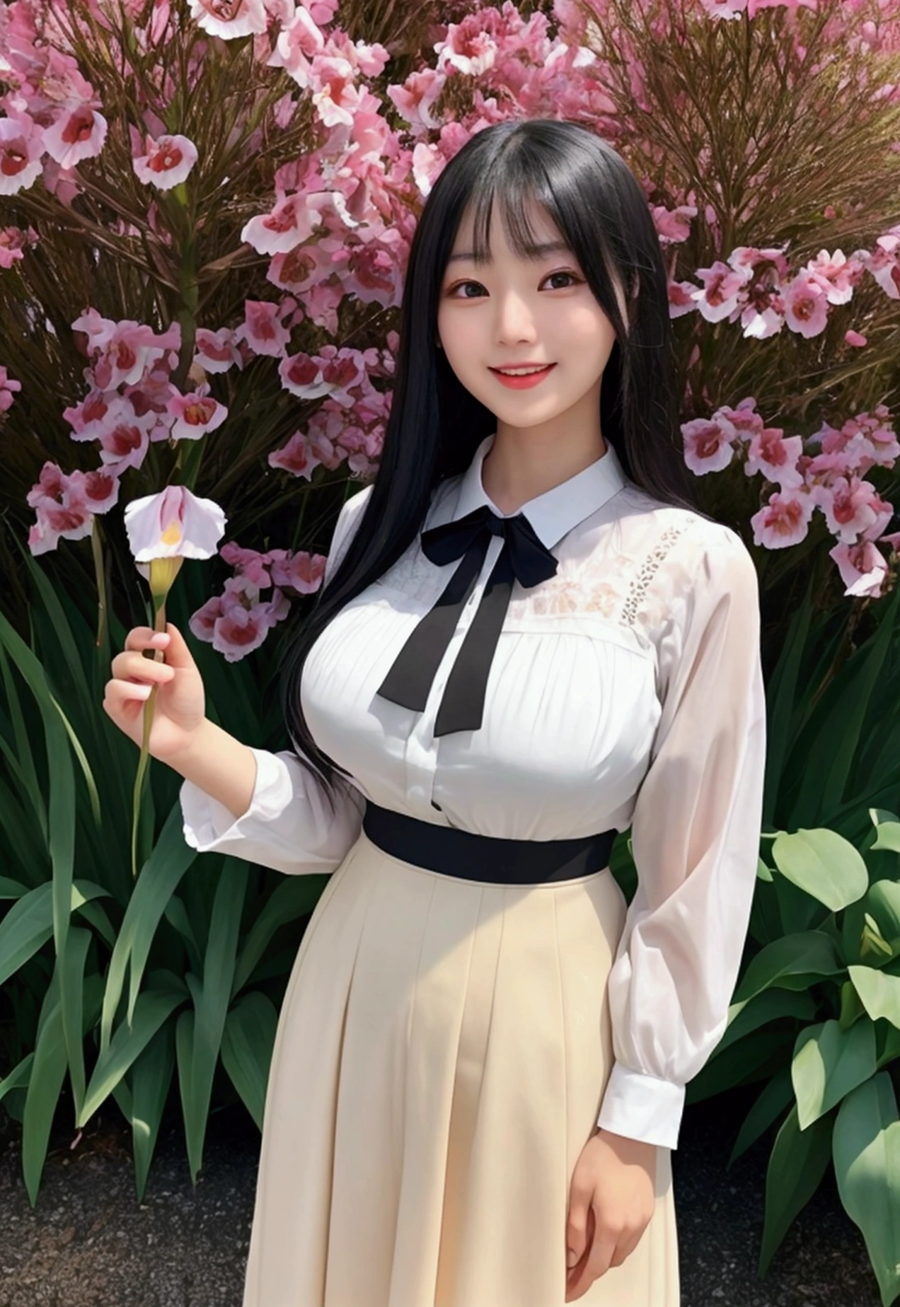 (28 years old,Beautiful Japanese,Round face、Seems kind、Iris、 ,(Black Hair),(Medium Long Hair),high quality、masterpiece:1.2,(Genuine、photo Genuine:1.4),break,Are standing,blouse,Big Breasts,whole body,Overjoyed