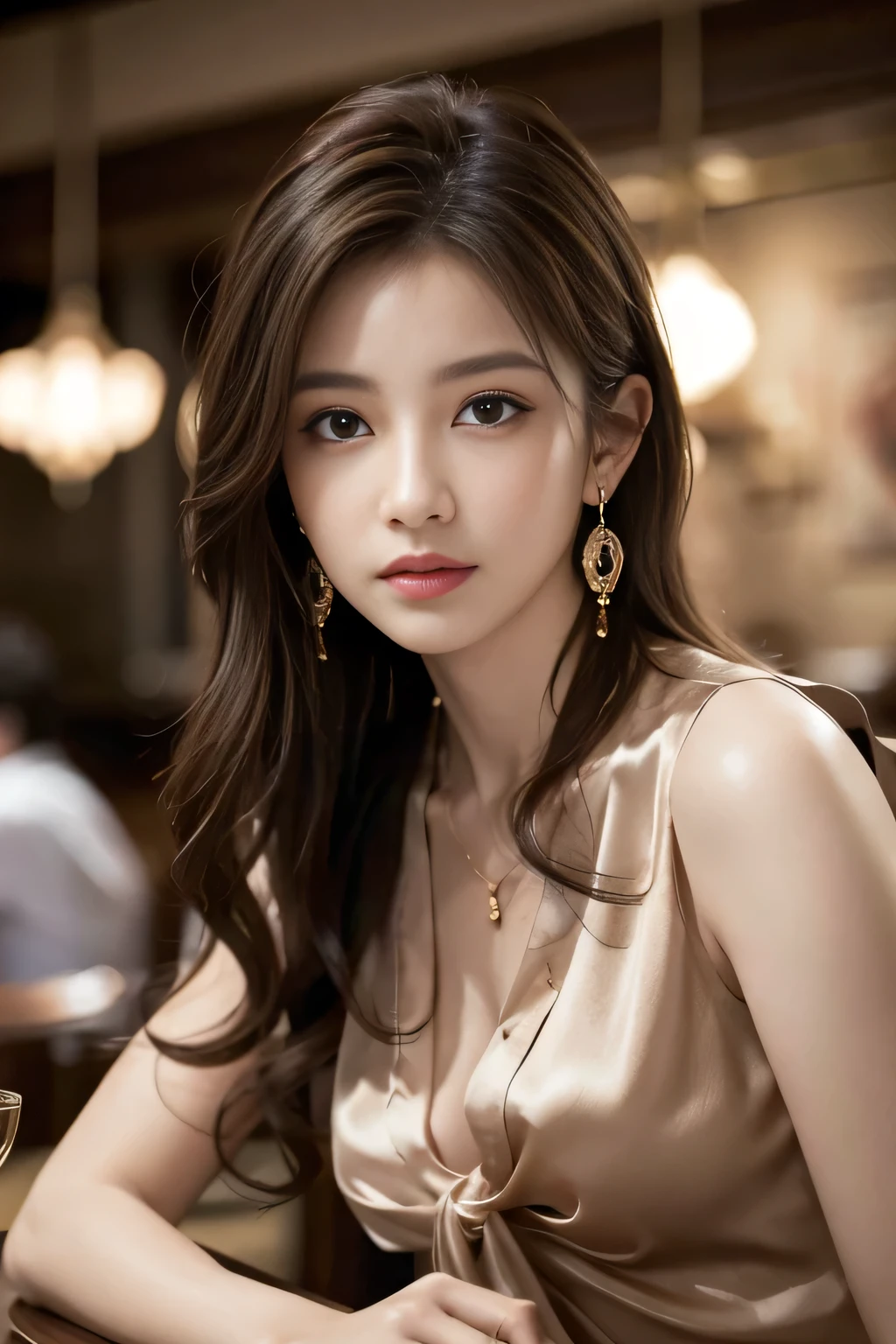 masterpiece, Highest quality, Realistic, Very detailed, Finer details, High resolution, 8k wallpaper, One beautiful woman, Wear a fine colored silk shirt, In a great restaurant, At night, Light brown messy hair, Perfect dynamic composition, Beautiful and beautiful eyes、Big earrings、chest、Sleeveless shirt、