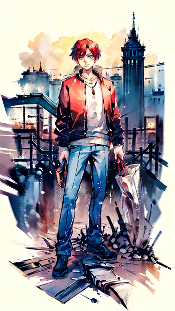 A handsome man with red hair sat, his face staring at the ground, his body covered in bloodstains, a world in ruins, chaos, background, sadness