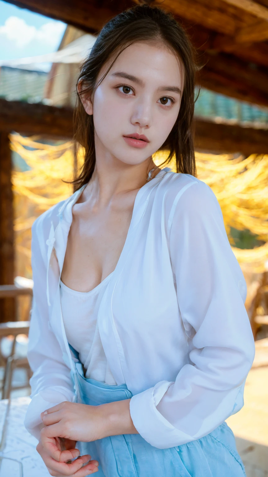 (((Top-down configuration:1.33)))、((No underwear:1.55))、One Girl、Beautiful and detailed eyes and face、barefoot、20 year old cute Japan woman, ((Extremely precise and accurate anatomy:1.0)), (photo Realistic:1.4), (hyper Realistic:1.4), (最高品質のRealisticな肌の質感:1.4), (Improvement of quality:1.4), (Enhances the beauty of skin texture:1.1), Clean and glowing skin, mesh, thin:1.2, (Realistic:1.3), Realisticなライティング, (Smoother lighting:1.05), (Improving the quality of cinema lighting:0.9), Backlight, A gentle light on your face, Ray Tracing, (Bright light:1.2), 32K, One Japanese woman, fine grain, Detailed face, (Film Grain:1.1),(Accentuates body lines:1.1), High resolution, Natural look, Kind eyes, Improves hair quality, Delicate light and shadow, Transparent muscles, Graceful pose, Beautiful Eyes, Sharp details, Soft light reflection, Beautiful contours, Delicate skin tone, Fine hair texture, Natural background, (((Open shirt、splash、Sandy Beach、Light of the sun、clear blue sea、The waves crash quietly、Blue sky and white clouds、green mountain々、Beautiful Nature、The joys of youth)))、