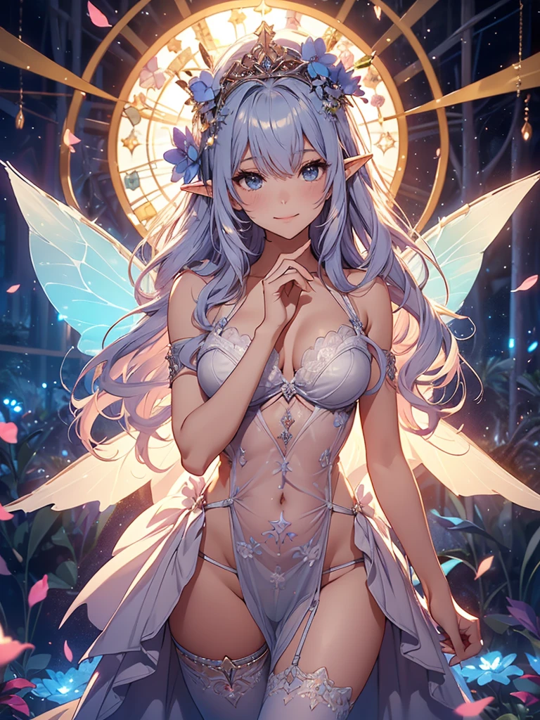 最high quality、1 woman elf on screen 、sexy,sexy,sexly, Beautifully decorated bra、Panties、Beautiful foam、、CourtyardShining fairy wings、Flower fractal art　　Beautiful Nature((beautiful night))　　((starry night))　、Bigger on the screen((cowboy shot 　))　(up shot)　　　、((seethroughbodystocking, underwear)),Beautiful radiance,High-definition depiction, Realistic, 8K, Unity, beautiful Shot, light smile, Beautifully and vividly drawn, , Beautiful, beautiful, clear skin、sexly,beautiful underwear,Countless rays of light pouring down, Swirling Light, Raise one arm above your head, Intense light is emitted from the magic circle in front of the girl.   forest、Lots of leaves、green leaves、flower、Particles of light、 night、Magic 、Fairy tale、エルフの町
Romanticism,Cowboy Shot: The most beautiful form of chaos, Mr..々colour, Intertwined flowers, Particle,magical gentle light,smile,sexly,image quality、masterpiece、Beautiful Face、Super beautiful elf woman((Big breasted 22 year old office lady、Bust 120,Beautiful long ironed hair 、bionde hair,height: 165cm。、sexly、ANDsbian、、high quality、、Visual art、Written boundary depth、universe、Happy smile、、elegant、ticker beautiful decorative、、beautiful tiara、Beautiful bed、Beautiful Landscape、A kind smile、wonderful、Fluttering petals、Dance happily、、Cultivate fantasy、、Mystery light　Lots of flowers、、art、forest, art,mystery,Ultra-high resolution,atmosphere A colorful and dreamy anime-style illustration of a young girl with beautiful hair,Beautiful Forest. surrounded by a kaleidoscope of colors and glowing lights. The background is filled with whimsical details and a magical atmosphere. --ar 3:4 --style raw --stylize 600 --niji 6、Throne Beautiful  エロnsfw