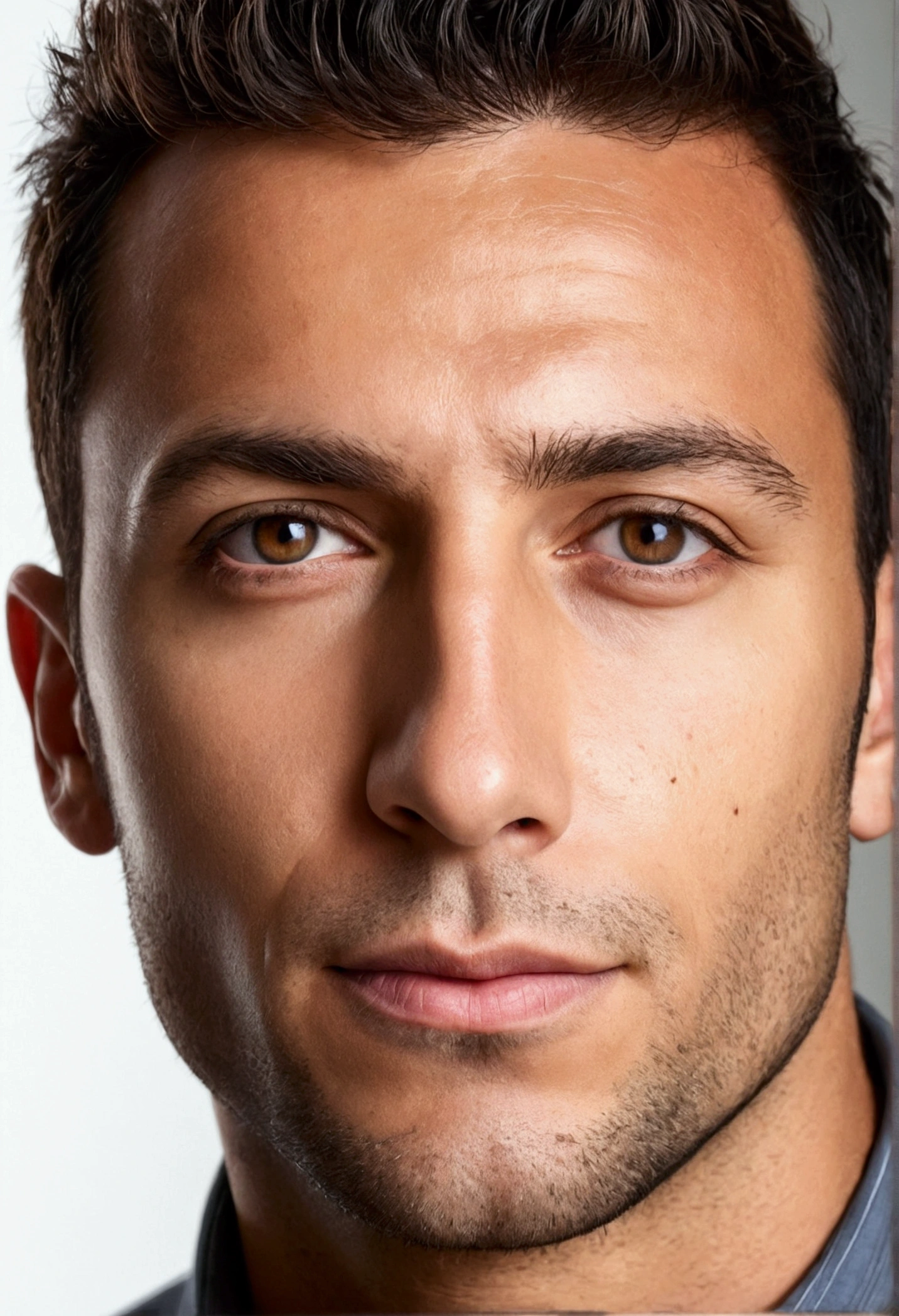 The photo of a portrait of a very attractive and sexy 32-year-old man, he is Brazilian but looks British, his eyes are brown, and he has a very penetrating and captivating gaze., white background