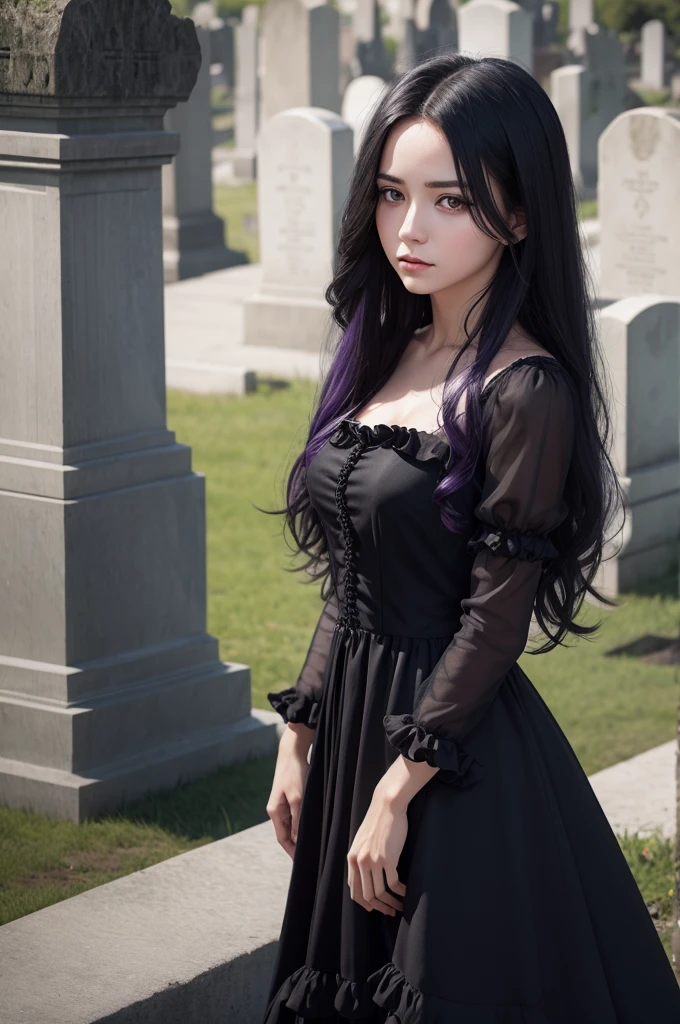 Create a realistic image of a woman in a long black dress with purple ruffles long hair white eyes without pupils inside a cemetery