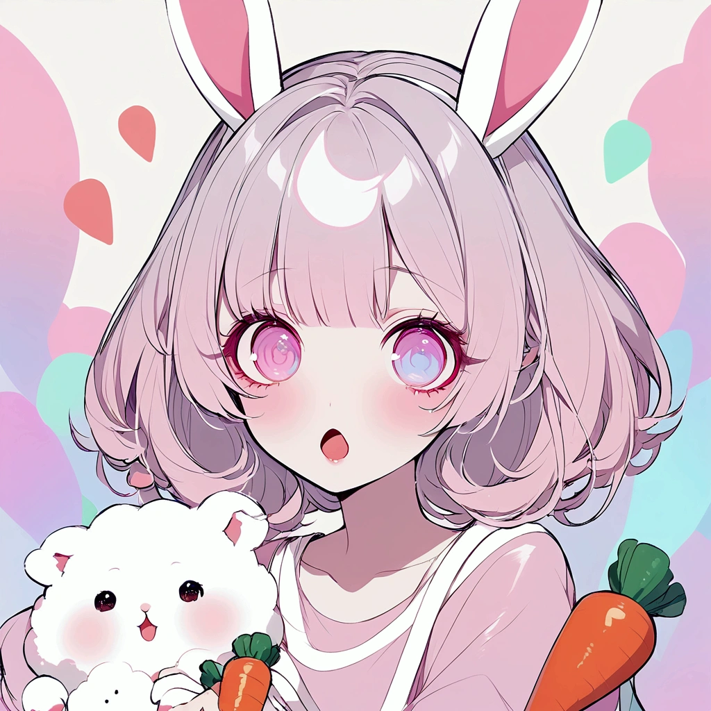 Girl, white hair, albino, beautiful, pastel pink shirt, pastel colors, lipgloss, brat, wide mouth, ethereal, submissive, white bunny ears, cute, fluffy ears, sweet, carrot