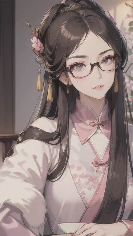 (Fantasy illustration:1.5), (alone:1.2), (japanese manga,8k,masterpiece, top quality, best quality,Beautiful and beautiful:1.2,Professional illustration:1.1,Super detailed:1.3,perfect lighting), Very detailed, most detailed, Extremely ridiculous, high resolution, Super detaileded, complicated:1.6, (girl), Very detailed beautiful face and eyes,Beautiful hair wearing glasses, bob hair, blunt bangs, (black hair:1.4), ( Taoist costumes:1.2), Guess the skin, (Abstract:1.2), beautiful, split,medium chest,