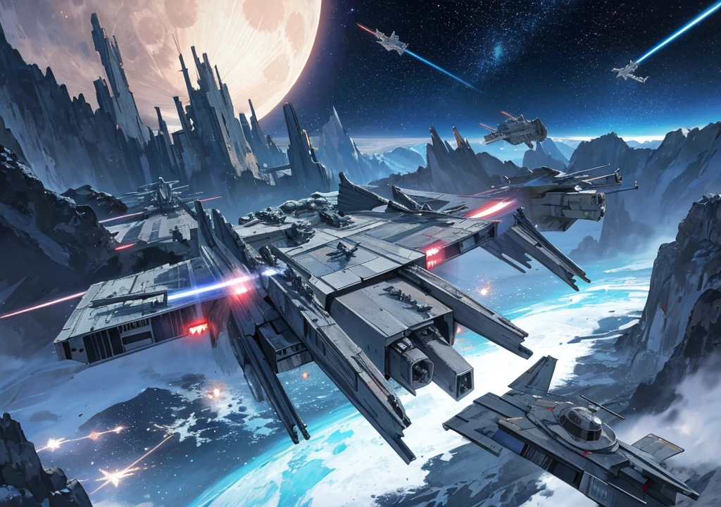 Starfighter Battle (a swarm of x wing ships and tie fighters) in a mountainous landscape with starry sky and full moon