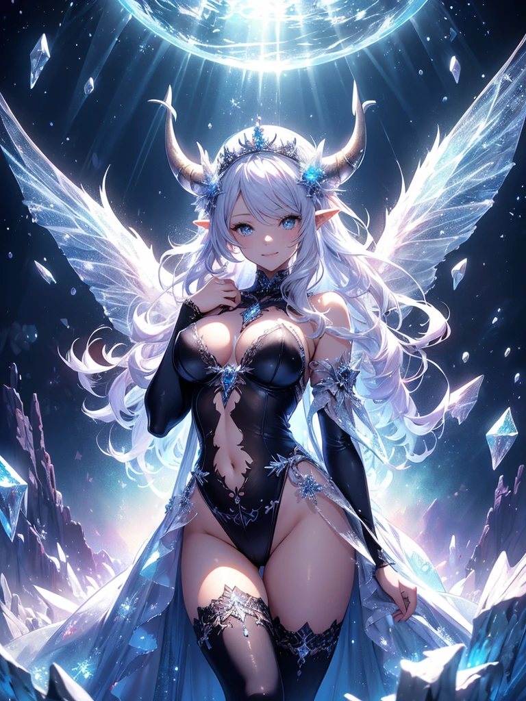 最high quality、最high quality、1 woman elf、Succubus、Stand against a wall(( up shot ))((full body stocking))'((see-through body stocking))、Lots of giant snowflakes、Beautiful eyes、tears、Raise your arms behind your head、Beautiful decoration、、Ice tiara、Beautiful galactic light、A world made of ice、最high quality , Fractal Art.Ice Throne、ice World、Bikini、beautiful big ass、　((Laugh beautifully、))((Glowing ice　))、Beautiful face、Beautifully decorated stockings、Devil's World、Ice crystals、Crystal of snow、Ice wall、ice World、Bigger on the front、 Beautiful shine,High-definition depiction, Realistic, 8K, Unity, Beautiful thighs,,Giant Devil's Wings、Rainbow-colored wings、、 light smile, Beautifully and vividly drawn, , beautiful beautiful透き通る肌、The magic of shining beautiful decoration、Giant horns、 demon king、、Beautiful decorationの角、 , beautiful、 Romanticism,mosquito。 The most beautiful form of chaos, Mr..々 Intertwined flowers, P article,Magical gentle light,smile,,image quality、masterpiece、Beautiful face、Super beautiful elf woman((Big breasted 22 year old office lady、Bust 120,Beautiful long ironed hair、Silver Hair、height: 165cm。胸120センチメートル、Esbian、、high quality、、Visual Arts、最high quality、1 woman elf NP: Worst quality ,beautiful Fractal Art　、、、light、Beautiful radiance,High-definition depiction, Realistic, 8K, Unity, , light smile, Beautifully and vividly drawn, , Beautiful, beautiful, clear skin、 Countless rays of light pouring down, Swirling Light, big background, , Intense light is emitted from the magic circle in front of the girl. Romanticism,Cowboy Shot: 最high quality　　