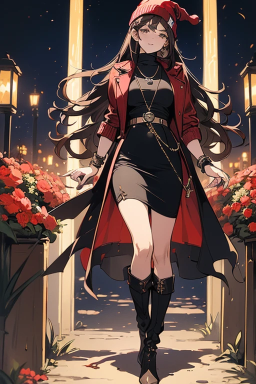 ((masterpiece, best quality, ultra-detailed)), beautiful woman walking through a fall garden, brown leather jacket, red scarf and beanie, bracelet, black midi pencil skirt, long skirt, leather boots, full body, long brown hair, wavy hair, fall garden, leaves, night