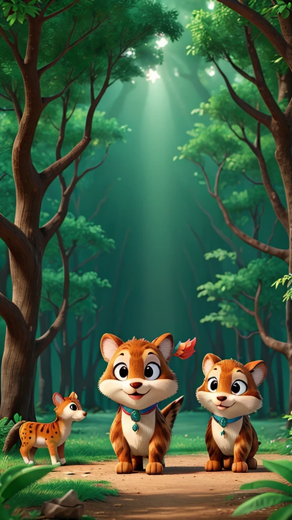 Happy and free wild animals in the enchanted forest.