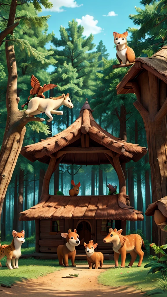 Happy and free wild animals in the enchanted forest.