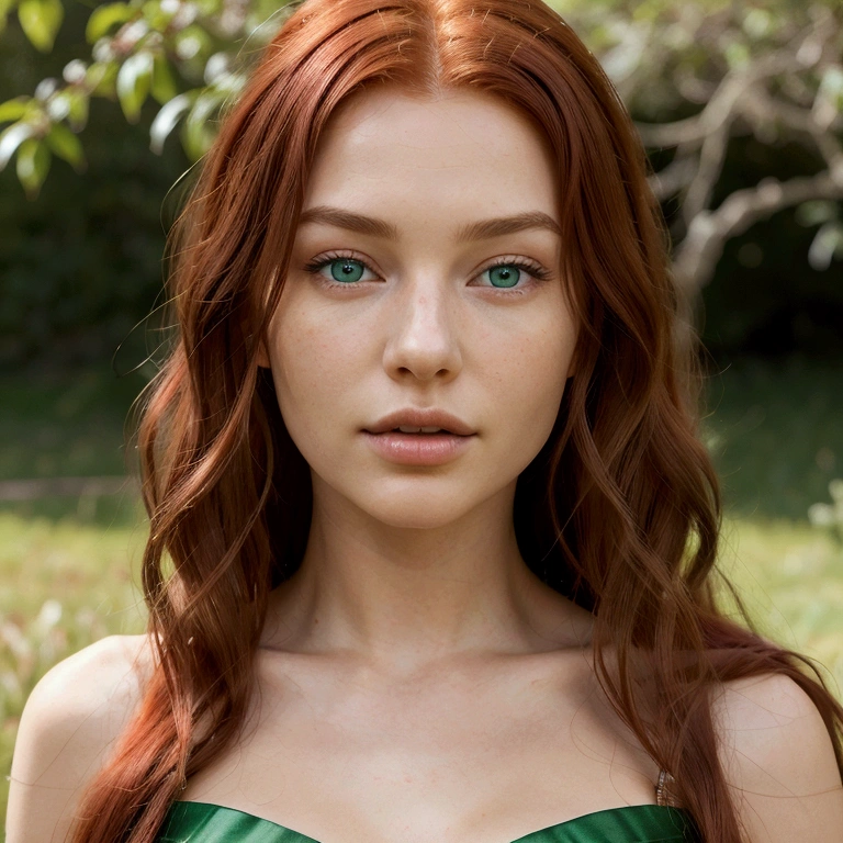 Generate a hyper-realistic, detailed photo of a model with cherry red hair. The hair should be extremely realistic, long, and wavy, cascading down her shoulders. The model has striking green eyes that are vivid and lifelike. Her skin should be portrayed with realistic textures and tones, capturing natural lighting and subtle nuances.