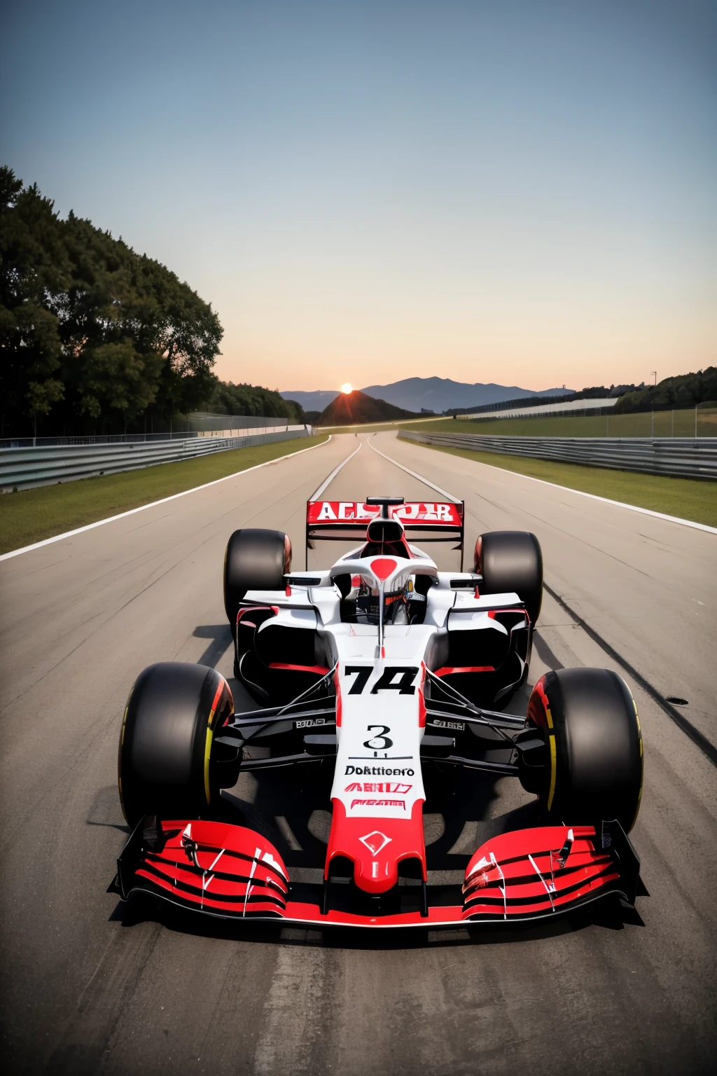 create a high definition panoramic image of a 2024 formula 1 car in black colors, red and white. he is on a track with a beautiful setting of an F1 autodramo at sunset.