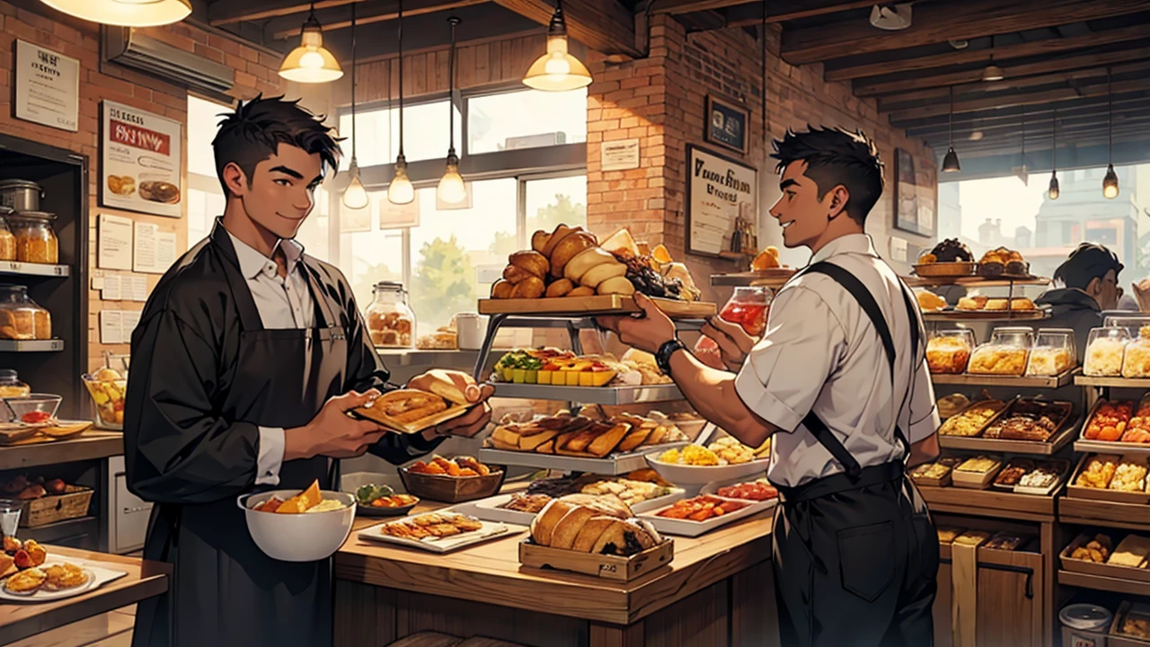Male breakfast clerk in black boots happily sells breakfast