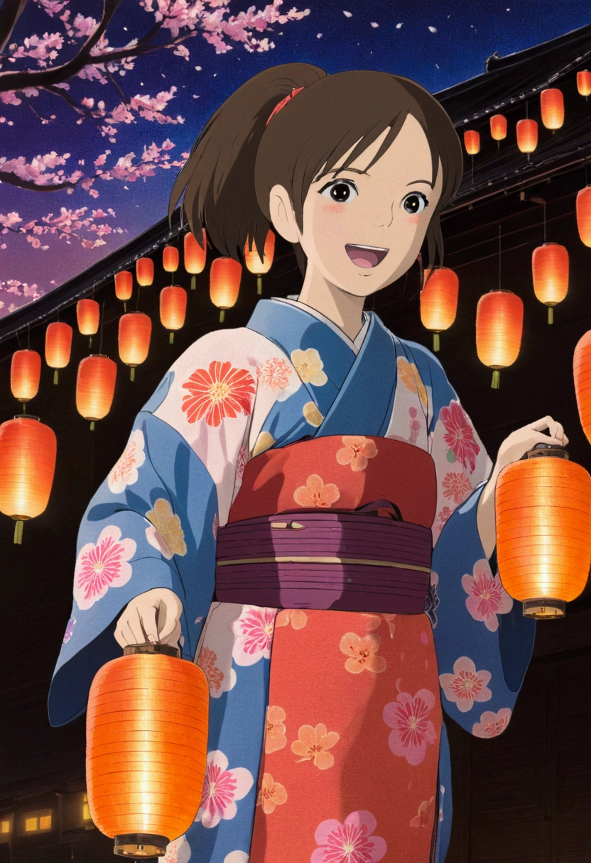 Ghibli firework,Really beautiful girl,Laughing,yukata,View the lanterns