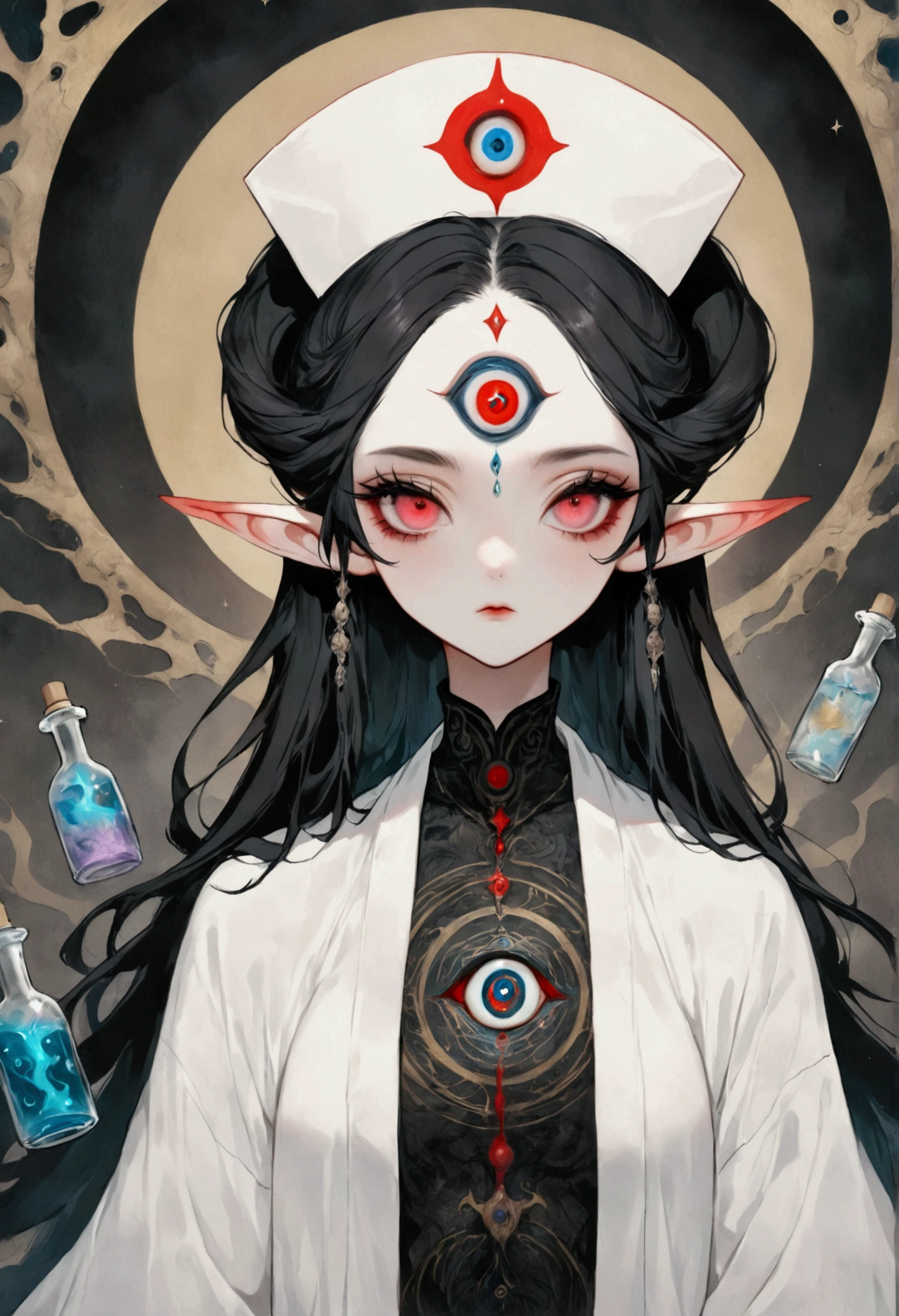 Gothic Dark Art,(((Lord Nether,独奏,third eye on the forehead,Elf ears))),(((robe:1.6,Eye Diagram,Dark Pattern))).(((Nurse hat,Infusion bottles))),whole body,Death Stare Background。body movements