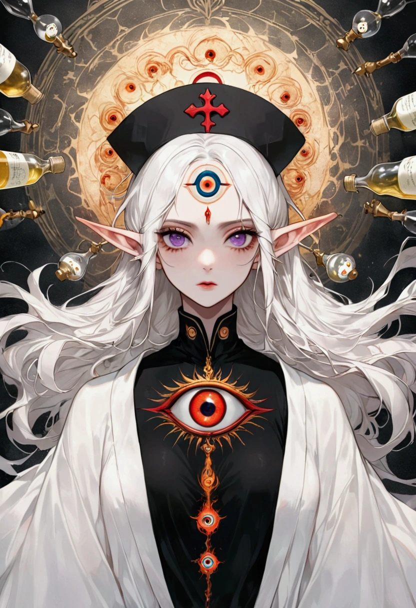 Gothic Dark Art，(((Lord Nether，独奏，third eye on the forehead，Elf ears))),(((robe：1.6，Eye Diagram，Dark Pattern))).(((Nurse hat，Infusion bottles)))，whole body，Death Stare Background。body movements