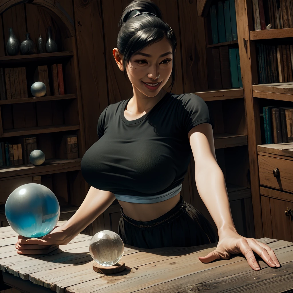 Chitose,black hair,brown eyes,short hair,ponytail,braids,short sleeve,
crop top, (rubbing her hands on a crystal ball on an old wooden table), (in a library), smile, 
(insanely detailed,masterpiece, best quality)((solo,1girl,alone)), (big breasts)