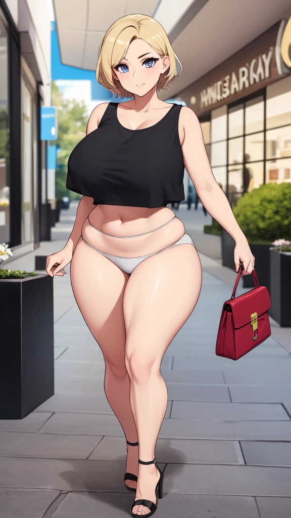 (1 girl), peach skinned milf woman, she has short blonde hair, she has big soft breasts, she is wearing red t-shirt crop top that says “mama”, black leggings with flower design, very big thick thighs, big butt, very curvy, voluptuous, purple eyes, purple purse, she is walking around in mall, high heels