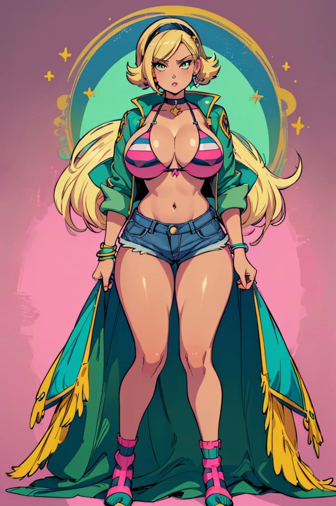 (masterpiece, best quality, high resolution, (pokemon style) ((huge breasts))1 woman, very short blonde hair, green eyes, pink lips, star bikini, jean shorts, long striped stockings, jean jacket, showing the navel , hoop earrings, bracelets, choker, ((dark skin))((white background,)) , ((full body standing)),
