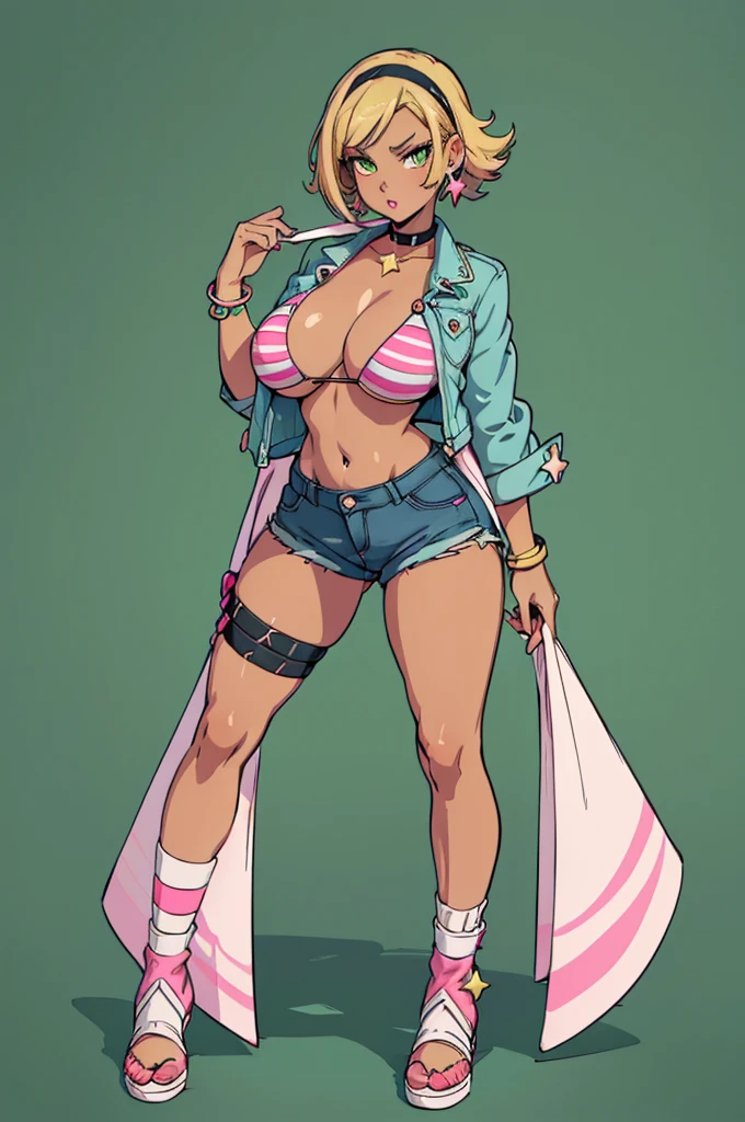 (masterpiece, best quality, high resolution, (pokemon style) ((huge breasts))1 woman, very short blonde hair, green eyes, pink lips, star bikini, jean shorts, long striped stockings, jean jacket, showing the navel , hoop earrings, bracelets, choker, ((dark skin))((white background,)) , ((full body standing)),
