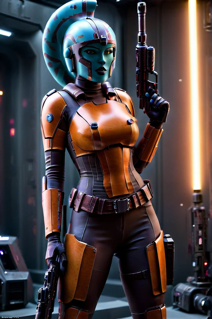 A ((female Twi'lek ))Mandalorian, detailed futuristic armor, intricate helmet, jetpack, blaster rifle, epic pose, dramatic lighting, gritty sci-fi atmosphere, cinematic, dramatic colors, highly detailed, 8k, photorealistic, masterpiece female Twi'lek
