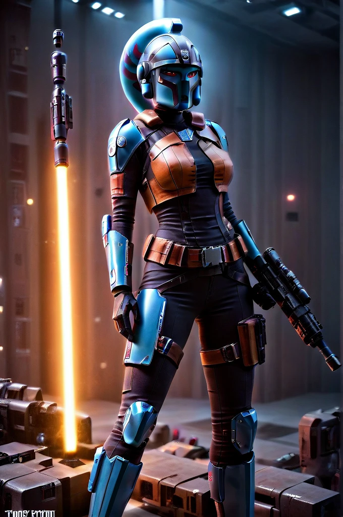 A ((female Twi'lek ))Mandalorian, detailed futuristic armor, intricate helmet, jetpack, blaster rifle, epic pose, dramatic lighting, gritty sci-fi atmosphere, cinematic, dramatic colors, highly detailed, 8k, photorealistic, masterpiece female Twi'lek