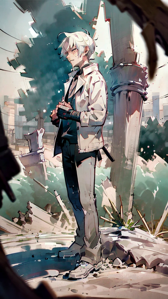 A handsome man with white hair sadness, his face staring at the ground, his body covered in bloodstains, a world in ruins, chaos, background, sadness