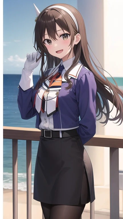 ((masterpiece)),(best quality),official art,extremely detailed CG,unity 8k wallpaper,ultra detailed,A lighthouse on a cliff by the sea,1girl,solo,cowboy shot,long_hair,brown_hair,purple_jacket,pencil_skirt,black_skirt,white_pantyhose,white_gloves,wavy_hair,brown_eyes,white_hairband,long_sleeves,smile,belt,looking_at_viewer,military_uniform,open_mouth,