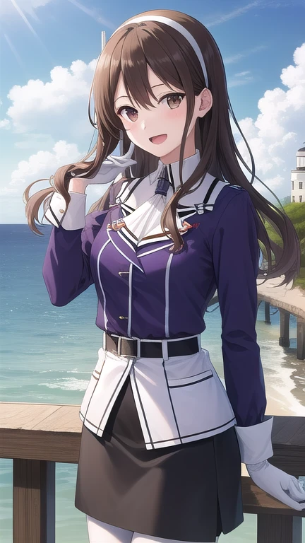 ((masterpiece)),(best quality),official art,extremely detailed CG,unity 8k wallpaper,ultra detailed,A lighthouse on a cliff by the sea,1girl,solo,cowboy shot,long_hair,brown_hair,purple_jacket,pencil_skirt,black_skirt,white_pantyhose,white_gloves,wavy_hair,brown_eyes,white_hairband,long_sleeves,smile,belt,looking_at_viewer,military_uniform,open_mouth,